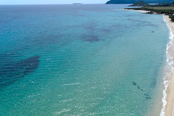 Aerial view of Santa Giusta beach, in Villasimius, Sardinia. The sea is crystal clear on a sunny day and it seems like being in the Caribbean
