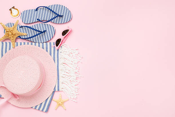 istock Blue beach accessories on color background, top view. Copy space for text 2217687134