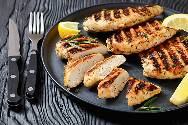 istock grilled chicken breast with lemon on a plate 2217687228