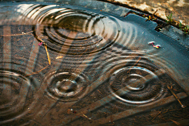 Abstract background with circles on water from raindrops on sewer manhole.