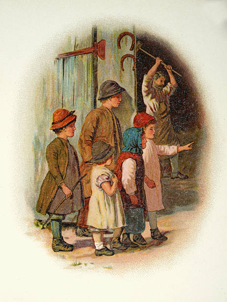 Children watching the blacksmith at work, Swinging his hammer, Victorian Vintage illustration 19th Century