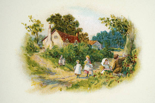 Children in a English Village, Boy carving initials into tree trunk, Victorian 19th Century, Vintage illustration