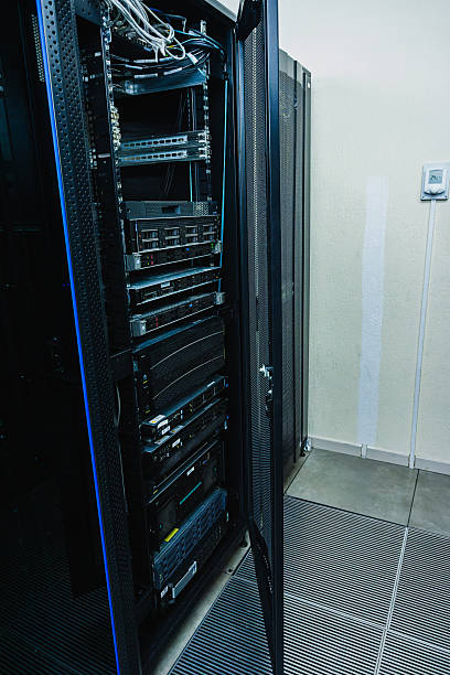 E-waste concept and management reuse recycle and recovery. Old servers in warehouse are ready for recycling. No people.
