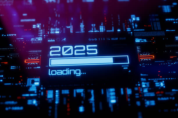 istock New 2025 year progress bar on digital lcd display with reflection. 2217703007