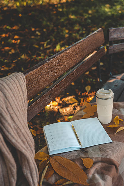 istock Notebook with gold pen and reusable cup on a plaid blanket-covered park bench surrounded by autumn leaves and warm sunlight 2217703180
