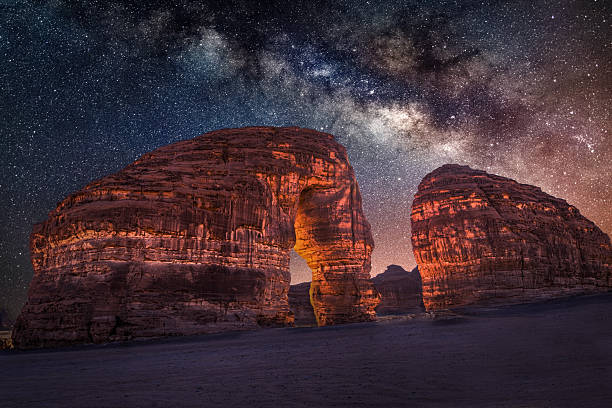 Elephant Rock is one of AlUla’s most iconic natural landmarks in Saudi Arabia. This massive sandstone formation resembles a giant elephant with its trunk touching the ground, shaped by millions of years of wind and water erosion. Surrounded by the stunning desert landscape and dramatic rock formations of AlUla, Elephant Rock attracts visitors from around the world and stands as a symbol of Saudi Arabia’s rich geological and cultural heritage. Perfect for themes of nature, geology, Saudi tourism, desert landscapes, and UNESCO heritage sites.