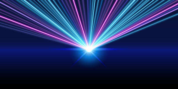 istock Blue and pink laser beams shine on 3D stage background. 2217713789