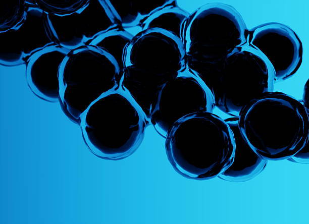 Futuristic 3D visualization of cells or molecules on a neon blue background, with a digital and scientific vibe