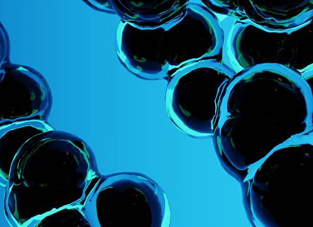 3D CGI render of abstract cells or particles on a neon blue background, featuring a futuristic and scientific aesthetic - Biotechnology and Scientific Themes