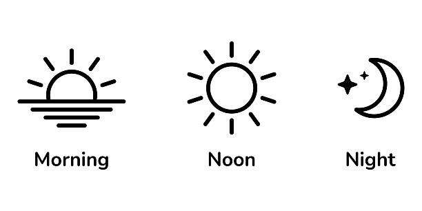 Minimalist vector icons representing morning, noon and night, using sun and moon symbols, ideal for conveying time of day or daily cycle concepts.