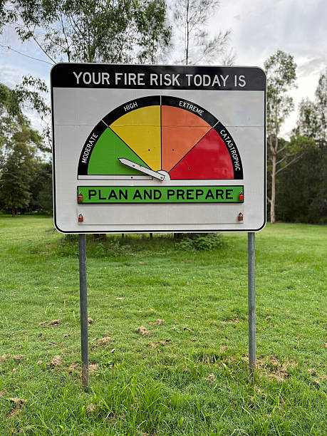 istock The photo shows a fire risk warning sign with an indicator set to green 'Plan and Prepare' 2217726151