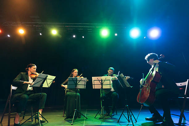 istock Talented musicians play instruments, make eye contact, and create graceful art on a stage under stage lights 2217726506