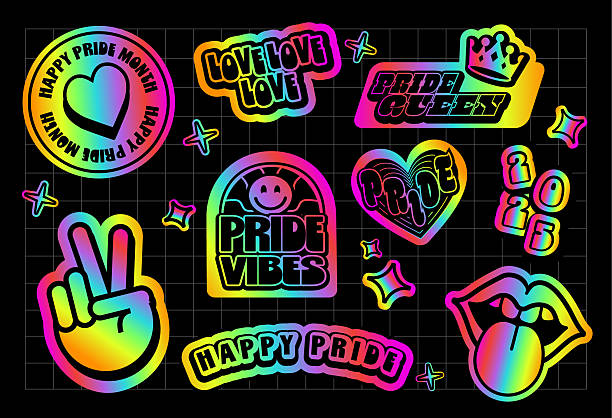 Vector illustration of a LGBTQ Happy Pride Month Retro 2000s style Y2K Style Holographic Rainbow Sticker Label Design templates with grid background. Holographic Sticker Label Design templates with grid background.  Different label shapes, rounded square, star, heart, circle. Includes fully editable vector art to customize your own text. Download features vector EPS and high resolution jpg download.