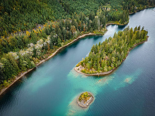 Drone Aerial view of Cowichan Lake, located on Vancouver Island.