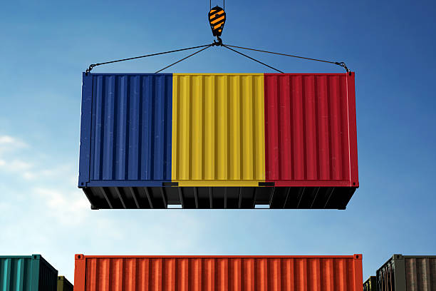 istock Romania trade cargo container hanging against clouds background 2217753592