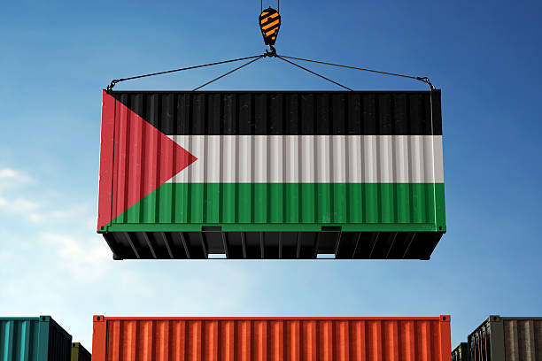 istock Palestine trade cargo container hanging against clouds background 2217753630