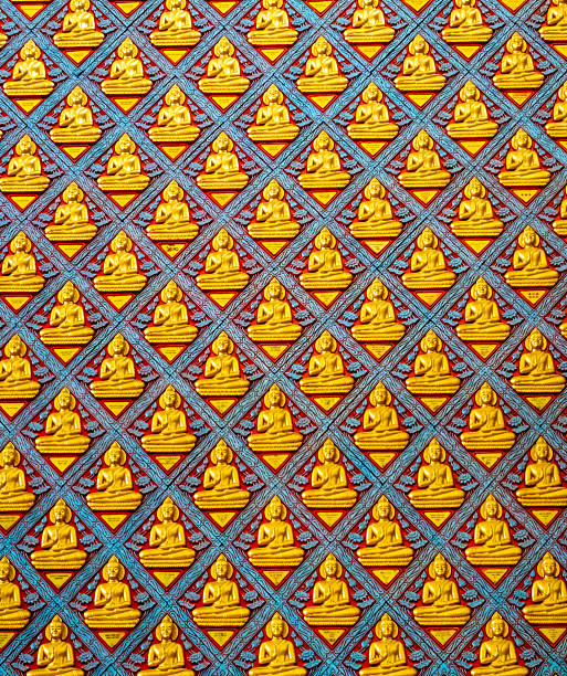 Vertical panel of repeating golden Buddhas in the ancient Wat Chayamangkalaram temple, George Town, Penang, Malaysia.