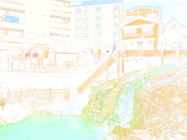 The streetscape of the Yubatake, a famous spot in Kusatsu Onsen. An illustrated-style photo.