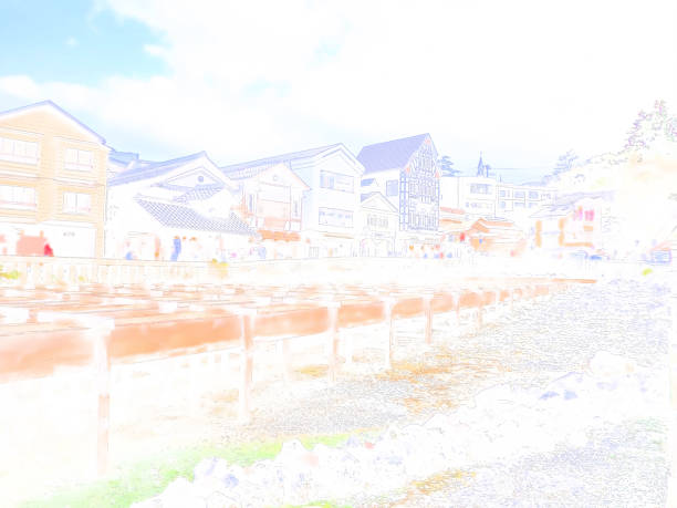 The streetscape of the Yubatake, a famous spot in Kusatsu Onsen. An illustrated-style photo.