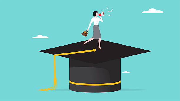 istock introduction to higher education, graduation announcement, woman use megaphones to announce graduation on graduation cap concept vector illustration 2217770607