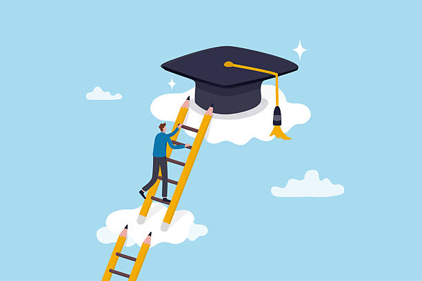 istock Education degree achievement, graduation or college, university diploma, school or learning classroom, wisdom or scholar concept, young adult student climb up ladder to reach graduate mortarboard hat. 2217771630