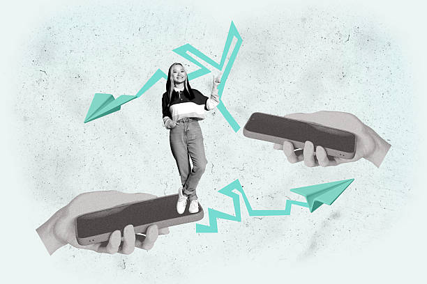 istock Exclusive pop creative collage of happy girl guy stand hands hold phone message networking paper plane communication speech 2217774955