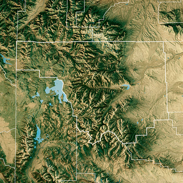 3D Render of a Satellite Topographic Map of Park County, Wyoming, United States. \nAll source data is in the public domain.\nColor and Water texture: Contains modified Copernicus Sentinel data (2021) courtesy of ESA.\nURL of source image: https://dataspace.copernicus.eu/explore-data/data-collections/sentinel-data/sentinel-2\nRelief texture: 3DEP data courtesy of USGS. URL of source image:\nhttps://apps.nationalmap.gov/downloader/#/