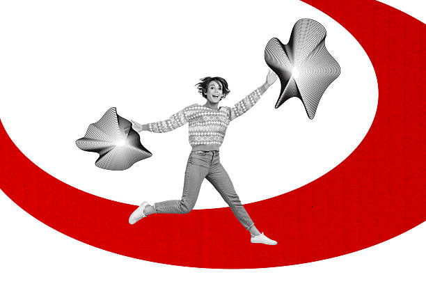 Creative artwork design 3D collage sketch of illustration illusion abstract copyspace young woman run smile hand hold figure line curve.