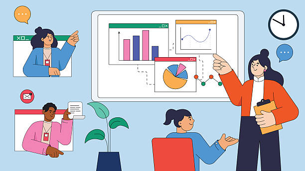 istock Flat graphic Illustration of workspace with young woman having discussion on desktop computer screen. 2217781903