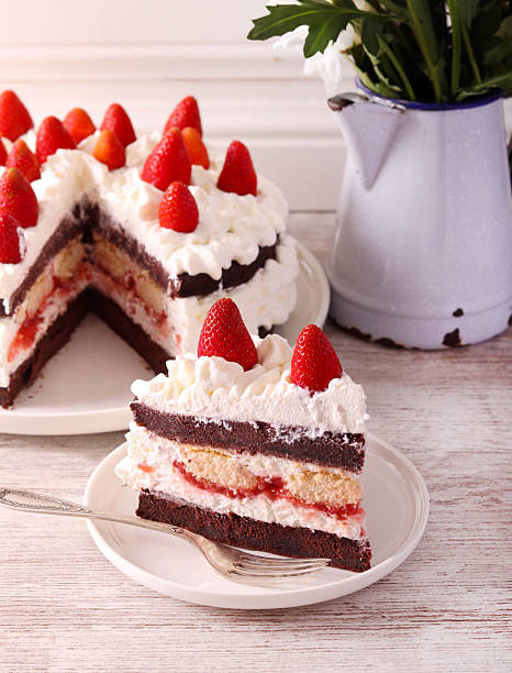 istock Chocolate and strawberry cream layered cake 2217787646
