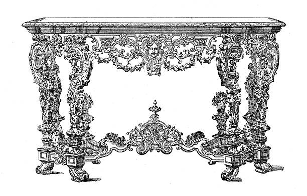 Louis XIV console, baroque furniture XVII century Vintage engraving of rococo console Louis XIV furniture style, XVII century palace of versailles stock illustrations