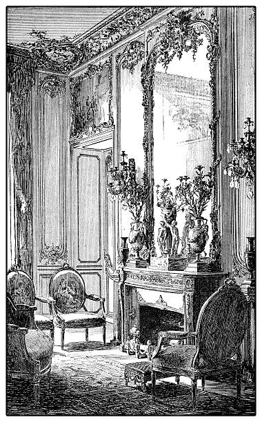 Rococo saloon, vintage engraving Vintage engraving of baroque style richly decorated parlor with fireplace,mirror and upholstered chairs, XVII century palace of versailles stock illustrations