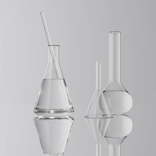 istock Laboratory glassware medical background. 3d rendering lab research equipment, cosmetic testing abstract concept 2217796917