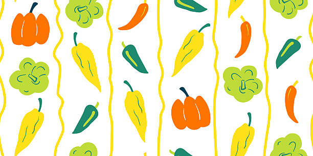istock Seamless mixed bell peppers and chili peppers pattern in minimal graphic illustration style with doodle stripe lines, colorful vivid colors on a white background. Veggie Time! Series. 2217799235