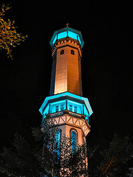 Hyllie, Sweden August 05,2025:The tower is white and has the shape of a flying saucer. It is 62 metres high and holds 10,200 cubic metres  of water. The image shows the building partially from below.