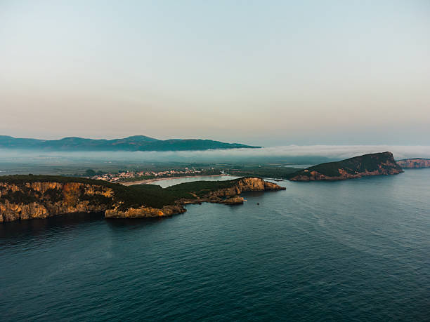 Aerial view of the river Acheron it flows into the Ionian Sea in the Epirus, Greece.