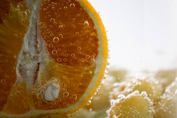 A close-up of an orange slice submerged in a carbonated liquid, with numerous bubbles clinging to the fruit's surface. The orange peel and segments are clearly visible, with the liquid providing a sparkling effect. The background is blurred, emphasizing the vibrant texture and details of the orange.