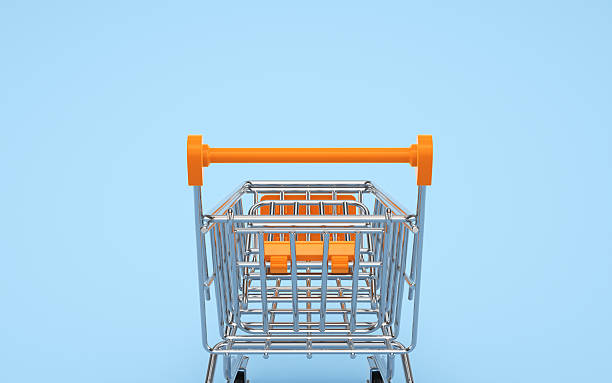 istock Empty Orange Plastic Colorful Metallic Shopping Cart on Soft Light Blue Endless Background 2217816736