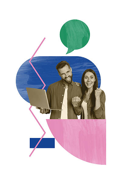 istock Template collage design trend artwork sketch of communication bubble conversation feedback quote couple smile success man lady hold laptop 2217818529