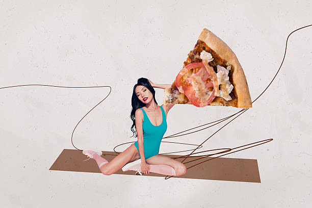 istock Pop art collage of person sit with slice pizza on grey background 2217819147
