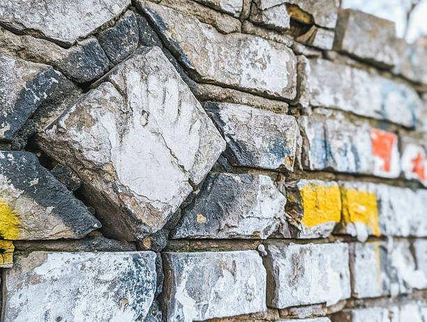 Textured stone wall with colorful markings and handprint.