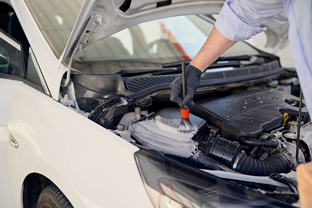 istock Car detailer cleaning engine compartment with brush and soap 2217844610