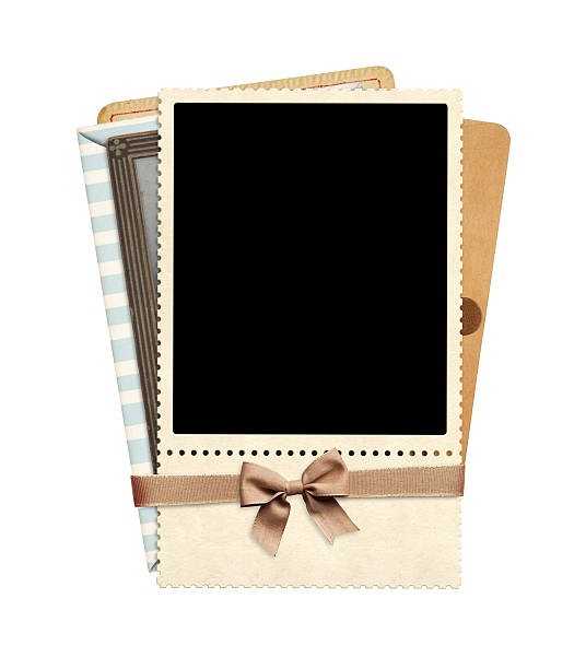 istock Retro photo frame on old card, creating a nostalgic effect. Vintage scrapbooking style. Mock up template. Copy space for text. Isolated on white background 2217848163
