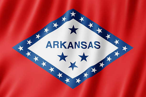 Flag of Arkansas, US state. 3D illustration of the Arkansas flag waving.