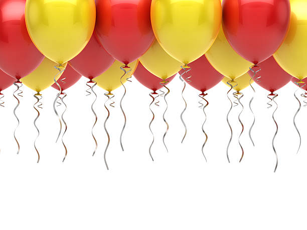Pastel party balloons with streamers and confetti floating on whiteColorful party options...