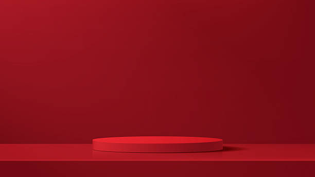 istock Realistic bright red cylindrical 3d podium for the presentation and presentation of goods 2217865137
