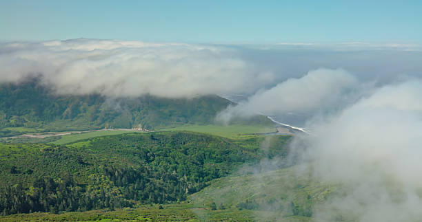 Aerial shot of lush green hills in Humboldt County, CA on a sunny day next to the Pacific Ocean.