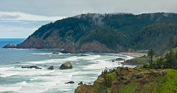 istock Pine Tree Covered Mountain Behind Ecola Point Coastline in Clatsop County, OR - Aerial 2217885029
