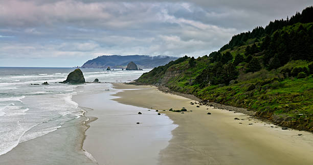 istock Sandy Beach and Dramatic Coastline near Cannon Beach, OR - Aerial 2217885223