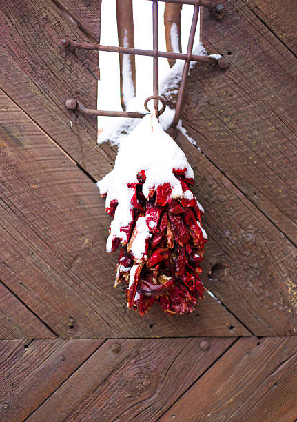 Santa Fe, NM: Chili Pepper Ristra with Snow on Wood Gate